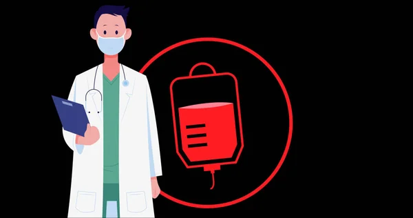 黒い背景に顔のマスクに血袋と男性医師のイメージ 献血と医療の概念がデジタルで生成された画像 — ストック写真