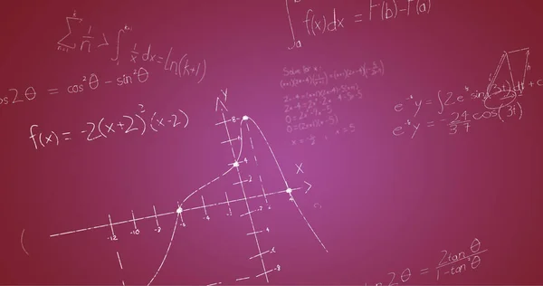 Image of hand written mathematical formulae over pink background. science, mathematics and learning concept digitally generated image.