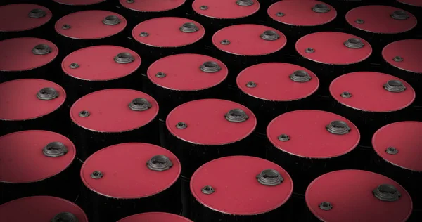 Image Multiple Red Barrels Black Background Petrol Shortage Containers Storage — Stock Photo, Image