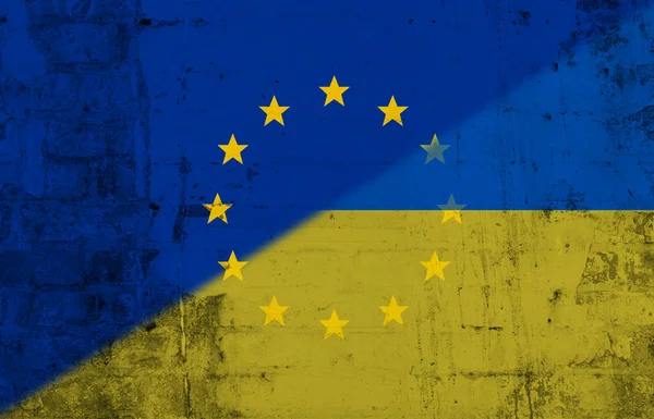 Композитне Зображення Прапорів Європи України Намальованих Стіні Копіює Простір Ілюстрація — стокове фото