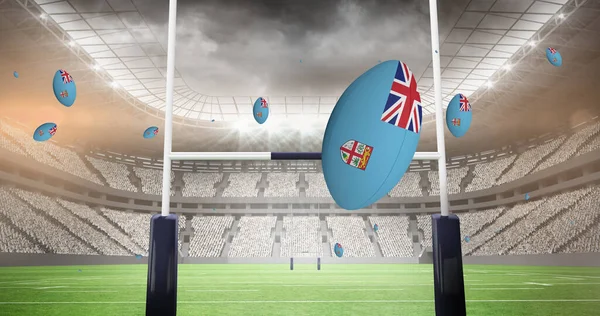 Obrázek Rugbyových Míčků Obarvených Vlajkou Fidži Stadionu Sport Soutěžní Koncept — Stock fotografie