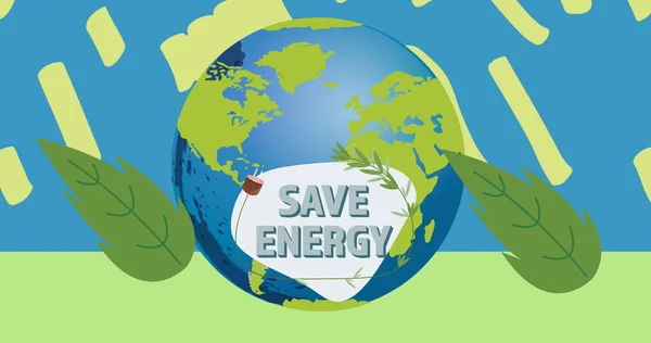 Afbeelding Van Energiebesparende Tekst Hele Wereld Bladeren Blauwe Groene Achtergrond — Stockfoto