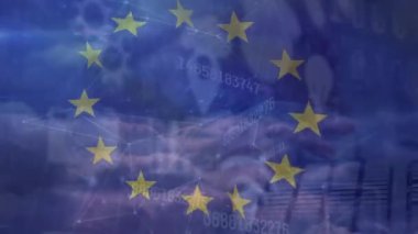 Animation of eu flag over data processing and clouds. ukraine crisis and international politics concept digitally generated video.