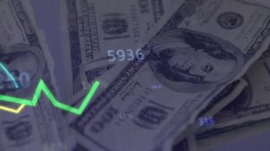 Banknotlar üzerinde veri işleme animasyonu. Ukrayna krizi ve uluslararası politika kavramı dijital olarak oluşturuldu.