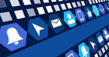 Dijital çevrimiçi simgelerin animasyonu ve koyu mavi arkaplanda hareket eden mavi şerit. Sosyal medya, çevrimiçi topluluk ve dijital arayüz konsepti dijital olarak oluşturulmuş video.