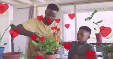 Mutlu Afro-Amerikan baba ve oğul bahçıvanlığı yerine kalp animasyonu. Sosyal medya ve iletişim arayüzü kavramı dijital olarak oluşturulmuş video.