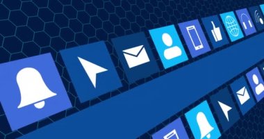 Dijital çevrimiçi simgelerin animasyonu ve koyu mavi arkaplanda altıgenlerin üzerinde hareket eden mavi şerit. Sosyal medya, çevrimiçi topluluk ve dijital arayüz konsepti dijital olarak oluşturulmuş video.