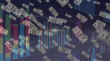 Banknotlar üzerinde veri işleme animasyonu. Ukrayna krizi ve uluslararası politika kavramı dijital olarak oluşturuldu.