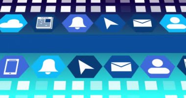 Dijital çevrimiçi simgelerin ve mavi arkaplanda hareket eden mavi çizgilerin animasyonu. Sosyal medya, çevrimiçi topluluk ve dijital arayüz konsepti dijital olarak oluşturulmuş video.