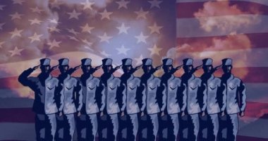 Amerikan bayrağında selamlaşan sıra sıra erkek askerlerin animasyonu. Anma Günü ve Amerikan vatanseverliği konsepti dijital olarak oluşturulmuş video.