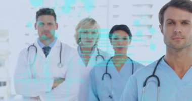 Veri işleme üzerine farklı doktorların animasyonu. küresel tıp, finans, bağlantılar ve dijital arayüz konsepti dijital olarak oluşturulmuş video.