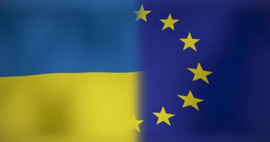 Ukrayna ve eu 'nun hareketli ve dalgalı bayrakları. Ukrayna çatışması, vatanseverlik ve dijital olarak üretilen video konsepti.