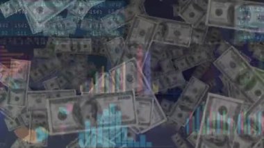 Banknotlar üzerinde veri işleme animasyonu. Ukrayna krizi ve uluslararası politika kavramı dijital olarak oluşturuldu.