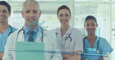 Veri işleme üzerine farklı doktorların animasyonu. küresel tıp, finans, bağlantılar ve dijital arayüz konsepti dijital olarak oluşturulmuş video.