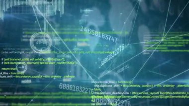 Mavi arkaplanda veri işleme animasyonu. küresel iş, finans, bağlantılar ve dijital arayüz konsepti dijital olarak oluşturulmuş video.