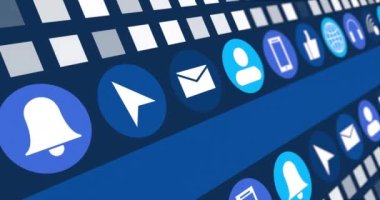 Dijital çevrimiçi simgelerin animasyonu ve koyu mavi arkaplanda hareket eden mavi şerit. Sosyal medya, çevrimiçi topluluk ve dijital arayüz konsepti dijital olarak oluşturulmuş video.