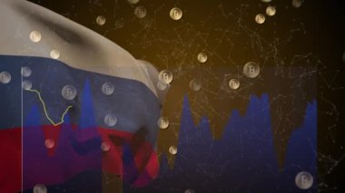 Veri işleme ve Rusya bayrağı üzerinde bitcoin sembollerinin animasyonu. Ukrayna krizi ve uluslararası politika kavramı dijital olarak oluşturuldu.