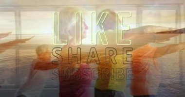 Yoga yapan çeşitli son sınıf öğrencileri yerine metin animasyonu. Sosyal medya ve iletişim arayüzü kavramı dijital olarak oluşturulmuş video.