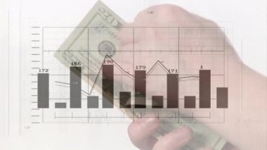 Banknotlarla birlikte veri işleme animasyonu. Ukrayna krizi ve uluslararası politika kavramı dijital olarak oluşturuldu.