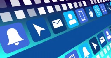 Dijital çevrimiçi simgelerin ve mavi arkaplanda hareket eden mavi çizgilerin animasyonu. Sosyal medya, çevrimiçi topluluk ve dijital arayüz konsepti dijital olarak oluşturulmuş video.