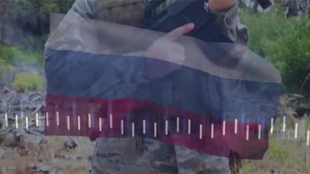 Animatie Van Gegevensverwerking Onder Vlag Van Rusland Kaukasische Mannelijke Soldaat — Stockvideo