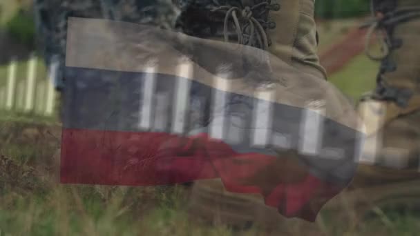 Animacja Przetwarzania Danych Nad Flagą Rosji Żołnierzy Ukraiński Kryzys Międzynarodowa — Wideo stockowe