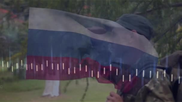 Анімація Обробки Даних Над Прапором Росіян Кавказьким Солдатом Криза Укранами — стокове відео
