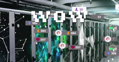 Vay canına metin, sosyal medya simgeleri ve bilgisayar sunucuları üzerinden veri işleme resmi. küresel sosyal medya, veri işleme ve dijital olarak oluşturulan iletişim konsepti.