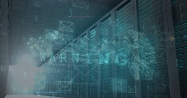 Bilgisayar sunucularında işlenen siber saldırı uyarı metni, zarf ve numaralarının resmi. küresel çevrimiçi güvenlik, iletişim ve veri işleme kavramı dijital olarak oluşturulmuş görüntü.