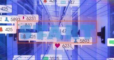 Başlangıç metni, sosyal medya simgeleri ve bilgisayar sunucuları üzerinden veri işleme resmi. küresel sosyal medya, veri işleme ve dijital olarak oluşturulan iletişim konsepti.