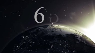 İşlem çemberinin animasyonu, 6G ve güneşin uzayda dönen dünyanın üzerinde doğuşu. yeni teknoloji, ağ, iletişim ve bağlantı konsepti dijital olarak oluşturulmuş video.