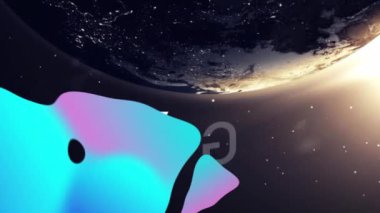 Mavi ve pembe şekillerin animasyonu ve uzayda dönen dünya üzerinde 6G. yeni teknoloji, ağ, iletişim ve bağlantı konsepti dijital olarak oluşturulmuş video.