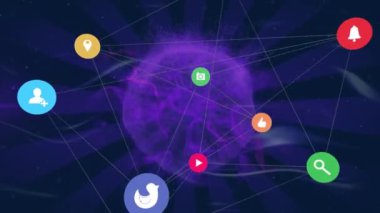 Dijital simgelerin oluşturduğu ağ mor dijital dalgalara ve mavi arkaplandaki radyal dalgalara karşı. küresel ağ ve teknoloji kavramı