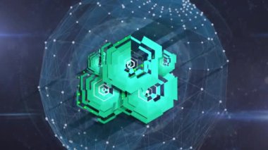 Dünya üzerindeki yeşil altıgenlerin ve bağlantı ağının animasyonu. yeni teknoloji, iletişim ve bağlantı konsepti dijital olarak oluşturulmuş video.