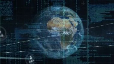 Dünya ve ızgara üzerindeki simgelerle bağlantı ağının animasyonu. küresel iş, veri işleme ve bağlantı konsepti dijital olarak oluşturulmuş video.