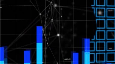 Animasyon mavi çizgiler ve dünya haritasında işlenen istatistikler. küresel bağlantılar ve veri işleme konsepti dijital olarak oluşturulmuş video.