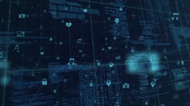 Veri işleme animasyonu, simgeler ve ızgaralarla bağlantı ağı. küresel iş, veri işleme ve bağlantı konsepti dijital olarak oluşturulmuş video.