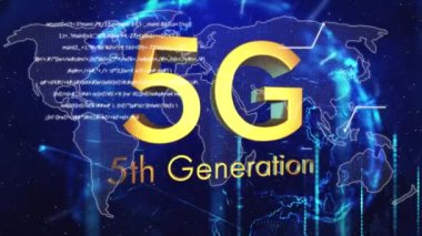 5G animasyon, veri işleme ve dönen dünya haritası. yeni teknoloji, ağ, iletişim ve bağlantı konsepti dijital olarak oluşturulmuş video.