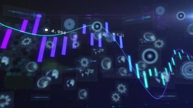 Ekranlar üzerinde grafik ve veri işleme animasyonları. küresel iş, veri işleme ve hesaplama kavramı dijital olarak oluşturulmuş video.