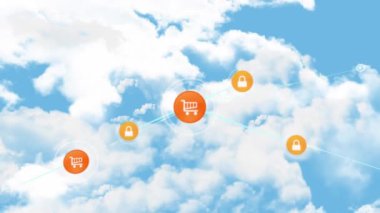 Mavi gökyüzündeki bulutlara karşı dijital simgeler ağı. küresel ağ oluşturma ve bulut depolama teknolojisi kavramı