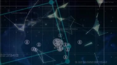 Mavi arkaplandaki dünya ve simgelerle bağlantı ağının animasyonu. küresel bağlantılar, veri işleme ve dijital olarak oluşturulmuş video ağ konsepti.