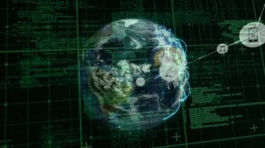 Dünya ve ızgara üzerindeki simgelerle bağlantı ağının animasyonu. küresel iş, veri işleme ve bağlantı konsepti dijital olarak oluşturulmuş video.