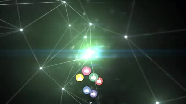 五彩斑斓的图标和明亮的连接网络在绿色背景下飘扬 社交媒体和技术概念 — 图库视频影像
