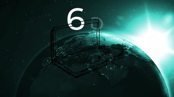 动画6G 笔记本电脑和太阳在地球上升起 在太空中旋转 数字视频技术 通信和连接的新概念 — 图库视频影像