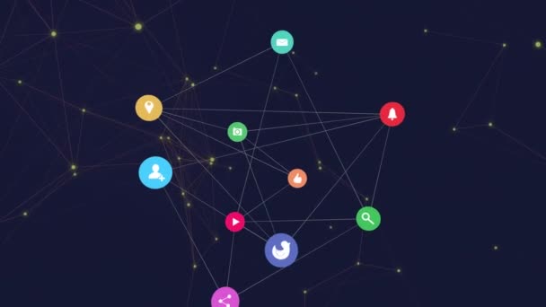 デジタルアイコンの球と青の背景に浮かぶ接続の輝くネットワーク 世界的なネットワーキングとテクノロジーの概念 — ストック動画