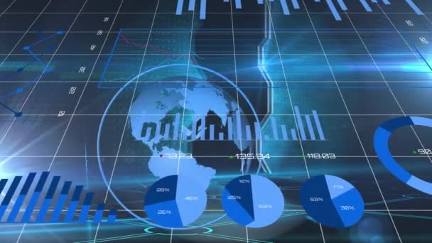 통계와 데이터 처리를 지구와 그리드에 애니메이션 글로벌 비즈니스 데이터 디지털 — 비디오