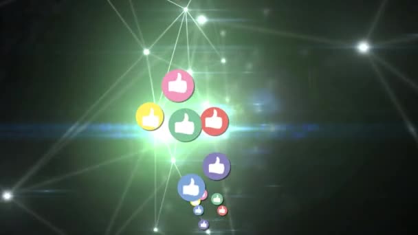 Colorful Icons Glowing Network Connections Floating Green Background Social Media — Stock Video
