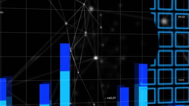 Animation Blaue Linien Und Statistikverarbeitung Über Weltkarte Globale Verbindungen Und — Stockvideo