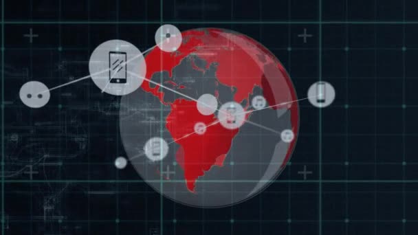 Animacja Sieci Połączeń Ikonami Globie Siatce Koncepcja Globalnego Biznesu Przetwarzania — Wideo stockowe