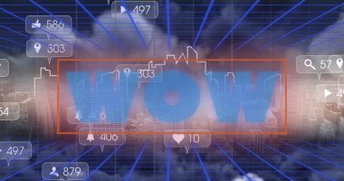 Şehir manzarasında büyüyen metin ve numaraların resmi. küresel sosyal medya, bağlantılar ve dijital arayüz konsepti dijital olarak oluşturulmuş görüntü.